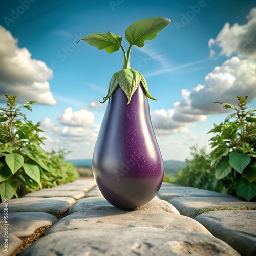 A vibrant. 3D rendered African eggplant stands proudly on a stone path against a backdrop of lush greenery and a bright blue sky. photo