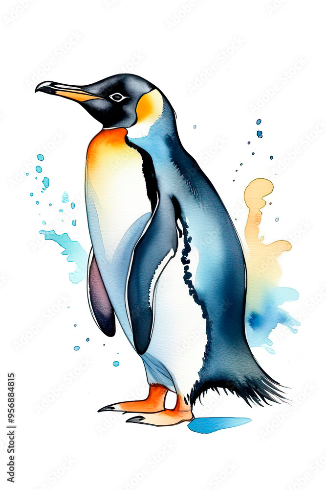 Naklejka premium Hand-painted watercolor penguin. Artistic image of animals and birds for design of zoological books, articles, postcard design and other printed publications