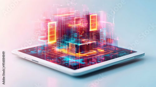 Wallpaper Mural Tablet with holographic project planner and flexible workspace text concept as Camera movement Pan across the tablet screen displaying a holographic project planner. Scene Clean and professional works Torontodigital.ca