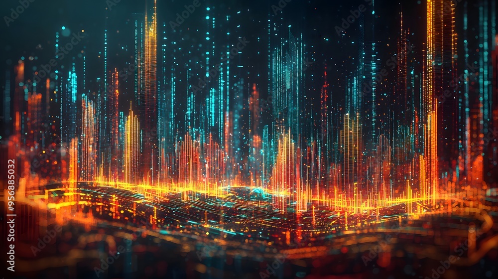 Fototapeta premium Immersive Holographic Data Visualization for Futuristic Business Intelligence Analysis Insights. Company Performance Analysis Concept