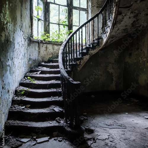 A haunting image of an abandoned, decaying spiral staircase in an old, dilapidated building with natural light pouring through the broken window.