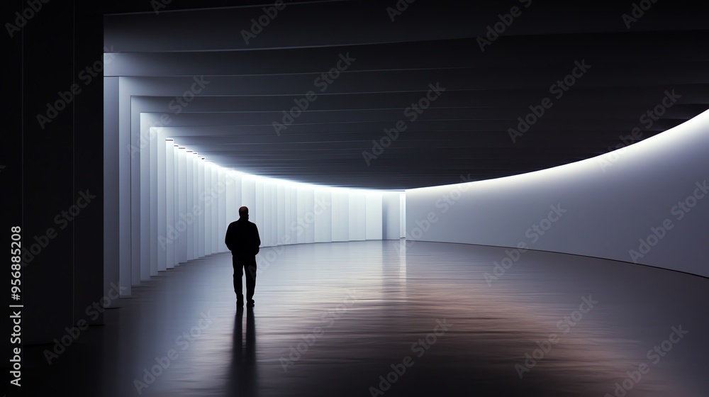 A person standing in a dark, modern, minimalist interior space with dramatic lighting creating a futuristic ambiance. A person standing in a dark, modern, minimalist interior space with dramatic lighting creating a futuristic ambiance.