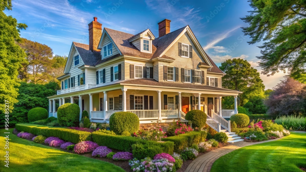 Charming coastal New England-style residence with clapboard siding, shutters, and a wraparound porch, set amidst lush greenery on a sunny day in Rhode Island. Charming coastal New England-style residence with clapboard siding, shutters, and a wraparound porch, set amidst lush greenery on a sunny day in Rhode Island.