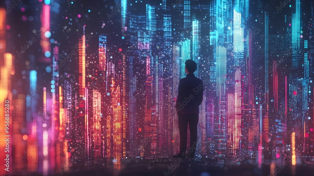 Exploring the Future: A Figure Gazes at Vibrant Digital Cityscapes Illuminated by Data Streams. Company Performance Analysis Concept Exploring the Future: A Figure Gazes at Vibrant Digital Cityscapes Illuminated by Data Streams. Company Performance Analysis Concept