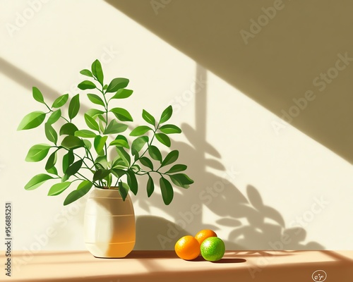 A serene still life composition featuring a potted green plant and citrus fruits on a sunlit surface with soft shadows.
