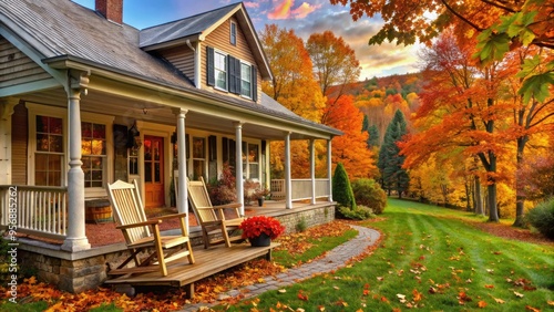 Charming rustic Vermont home surrounded by vibrant fall foliage, featuring a wraparound porch, wooden rocking chairs, and a warm inviting atmosphere. photo