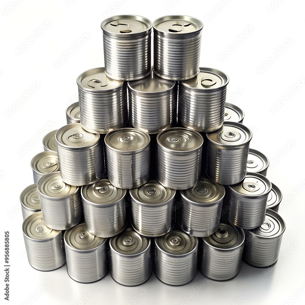 A stack of unopened. metallic cans against a white background. A stack of unopened. metallic cans against a white background.