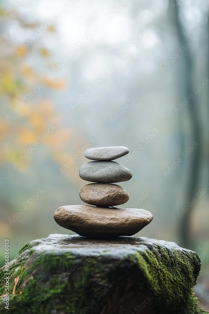 Serene stack of stones balanced on mossy rock in a foggy forest, symbolizing tranquility and harmony with nature. Serene stack of stones balanced on mossy rock in a foggy forest, symbolizing tranquility and harmony with nature.