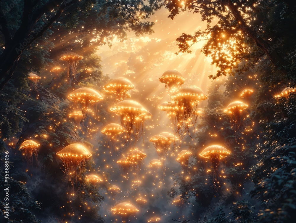 Enchanted Forest with Glowing Jellyfish Under Golden Rays Enchanted Forest with Glowing Jellyfish Under Golden Rays