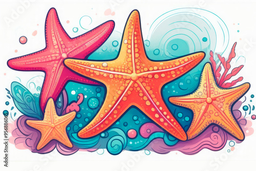 Watercolor starfish in watercolor splashes. Creative and artistic image of sea wildlife. Suitable for various printed or digital materials