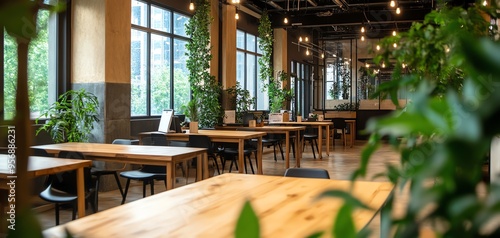 Modern coworking space with wooden tables, chairs, lush greenery, and large windows providing ample natural light, ideal for productivity.
