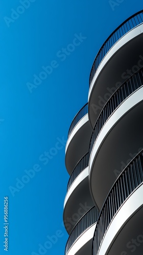 Modern building with curved balconies against a clear blue sky, showcasing contemporary architecture and design.