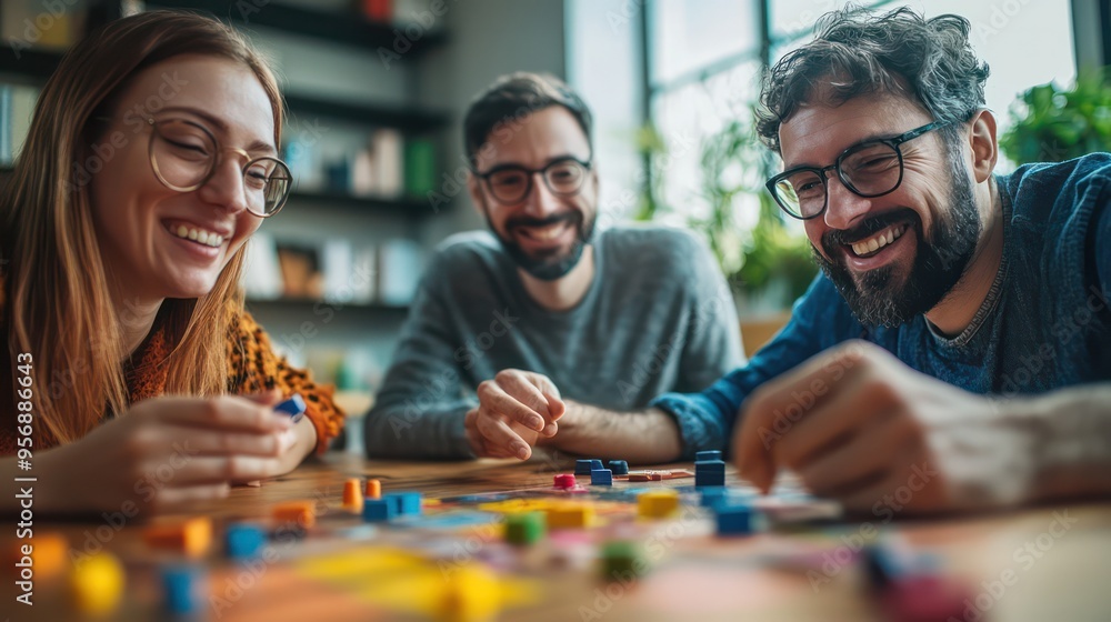 Middle-aged friends leaning in, discussing strategies while playing a challenging cooperative game, showcasing teamwork. Middle-aged friends leaning in, discussing strategies while playing a challenging cooperative game, showcasing teamwork.
