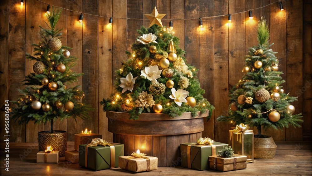 Christmas Tree Podium Rustic Elegant Lighting Golden Warm Concept Home Decor Centerpiece Scene Setting Holiday Parties Floral Arrangement Display Christmas Tree Podium Rustic Elegant Lighting Golden Warm Concept Home Decor Centerpiece Scene Setting Holiday Parties Floral Arrangement Display