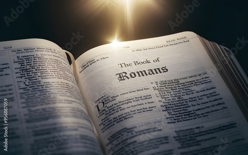 A cinematic shot of an open bible with the book of Romans.