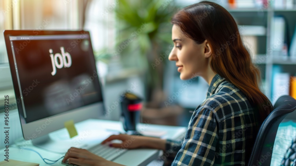 A woman is sitting at a desk with a computer monitor in front of her
