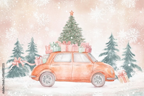 Christmas landscape card design of retro car driving by Santa with tree on the top. Merry christmas holiday. New year and xmas celebration. Vector illustration in flat style