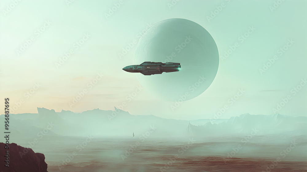 A solitary spaceship hovering over a tiny, barren planet.
A solitary spaceship hovering over a tiny, barren planet.