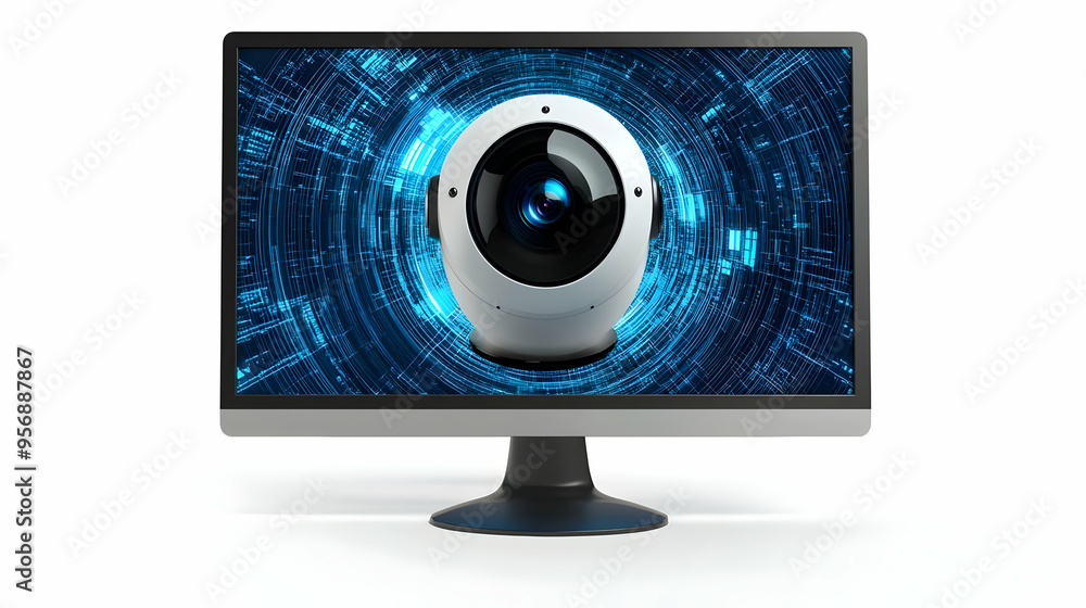 Webcam and Monitor concept as A modern webcam sitting atop a flat screen monitor representing the core tools of virtual meetings isolated on a white background to emphasize the clean design. in Photo Webcam and Monitor concept as A modern webcam sitting atop a flat screen monitor representing the core tools of virtual meetings isolated on a white background to emphasize the clean design. in Photo
