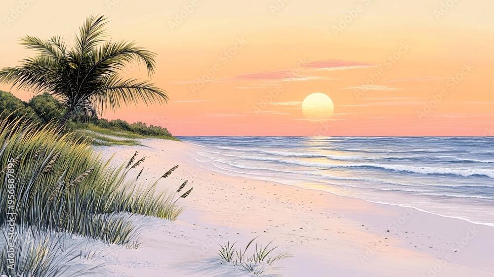 Fototapeta premium A beautiful sunset over a calm beach with a palm tree and grassy dunes.