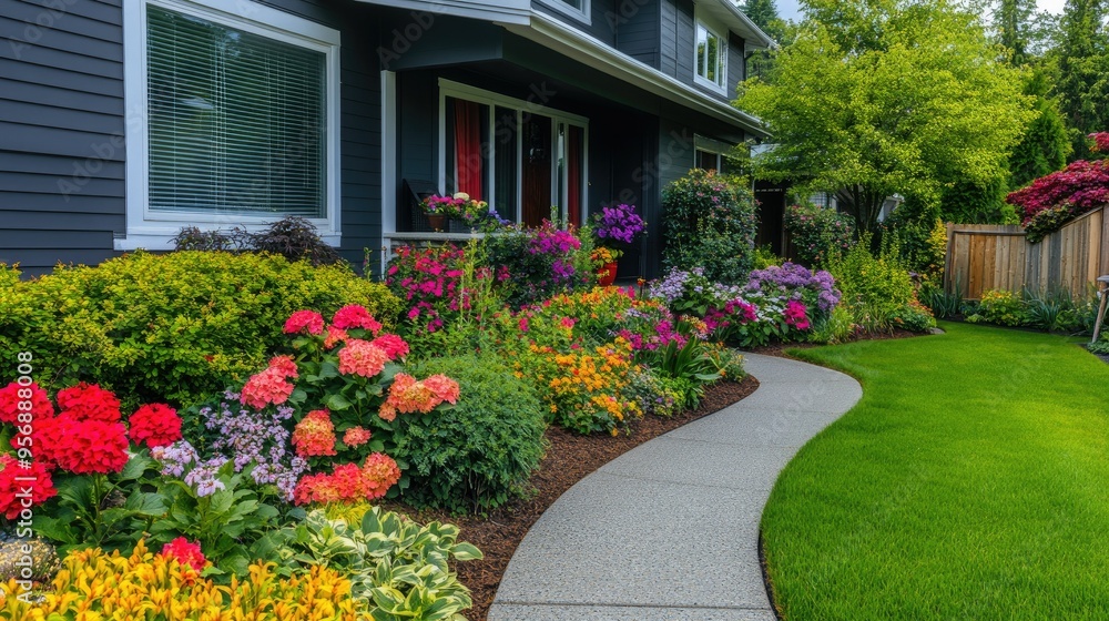 Facade of a house with a colorful front yard garden, highlighted by blooming flowers and a smooth concrete walkway. Perfect for real estate and curb appeal. Facade of a house with a colorful front yard garden, highlighted by blooming flowers and a smooth concrete walkway. Perfect for real estate and curb appeal.