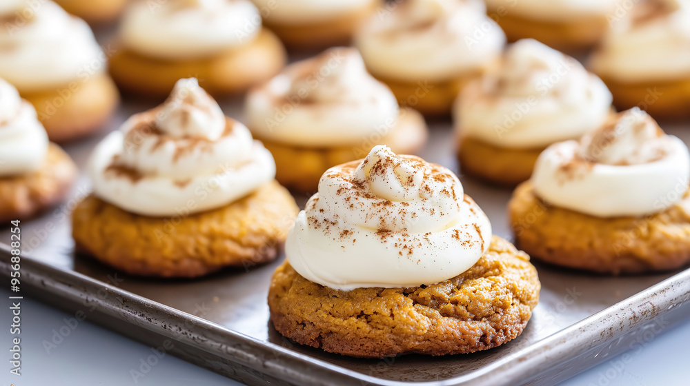 Freshly baked pumpkin cookies topped with creamy frosting, arranged on a baking tray. Freshly baked pumpkin cookies topped with creamy frosting, arranged on a baking tray.
