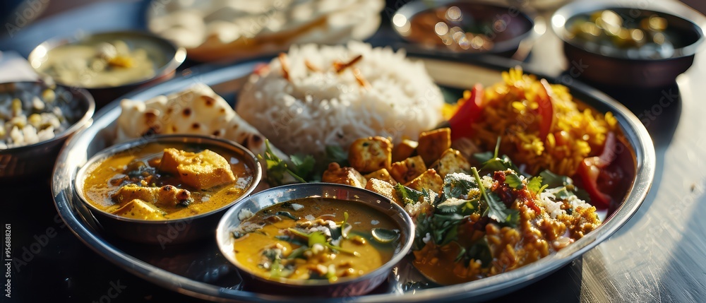 A colorful Indian meal featuring rice, curry, bread, and vibrant spices served in traditional metal dishes on a rustic table.