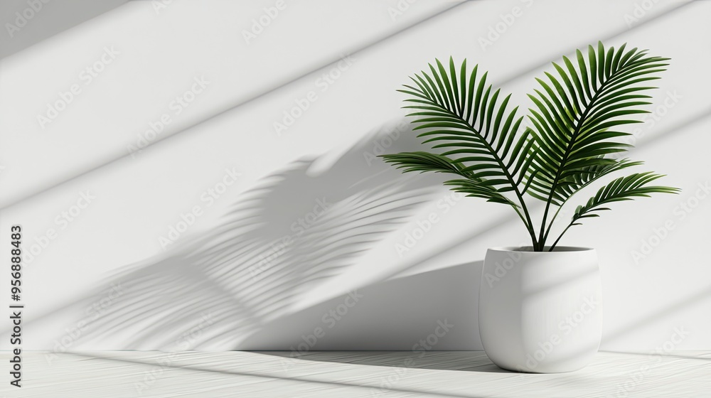 A serene room interior featuring a potted plant on a wooden countertop. Natural sunlight streams through, casting soft shadows against the white wall, creating a calming atmosphere A serene room interior featuring a potted plant on a wooden countertop. Natural sunlight streams through, casting soft shadows against the white wall, creating a calming atmosphere