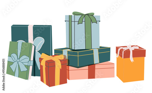 Holiday gift boxes wrapped in decorative festive paper wrapping, tied with bows. Many presents, surprise packages.