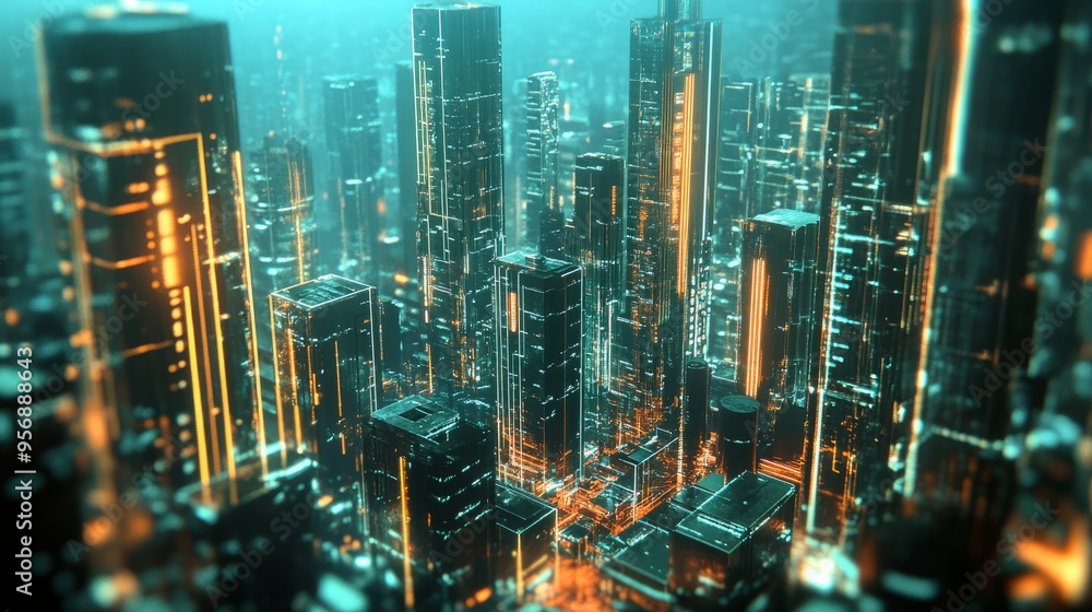 Obraz premium Neon Dreamscape: Holographic Streets & Chrome Skyscrapers in the Future City