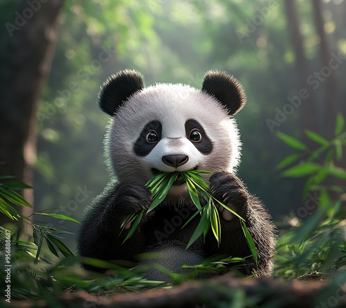 
2d
A cute panda eating bamboo, full body front shot, subject occupies three sevenths of the frame, centered, wooded background, studio lighting, soft lighting, low angle view, photorealistic, cinemat photo