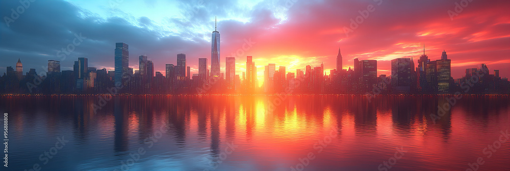Sunset Skyline - Vibrant Red and Blue Hues Illuminating Iconic City Skyline Reflecting in the Tranquil Water During Golden Hour, Captivating Urban Scene Sunset Skyline - Vibrant Red and Blue Hues Illuminating Iconic City Skyline Reflecting in the Tranquil Water During Golden Hour, Captivating Urban Scene