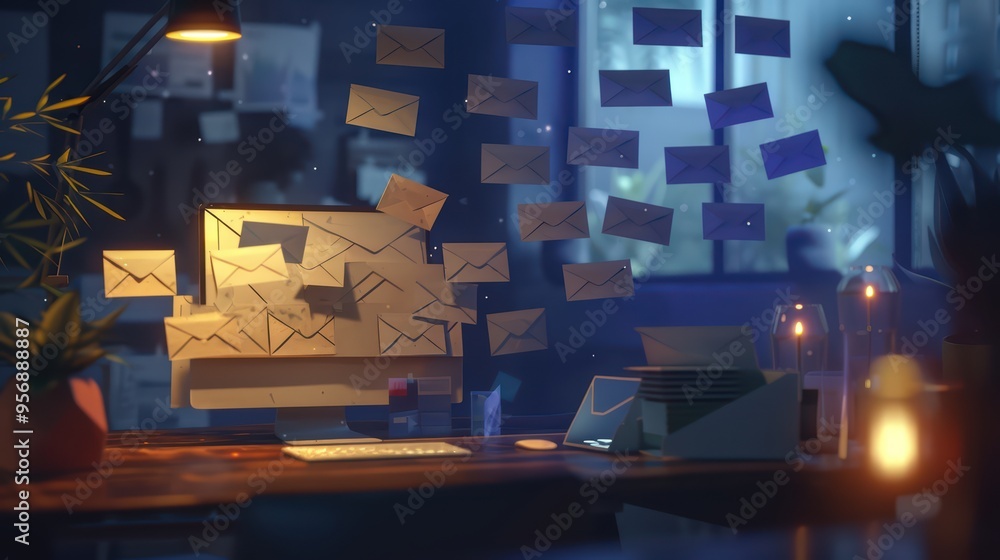 A cozy workspace featuring a computer desk with scattered envelopes, reflecting a busy and creative atmosphere.