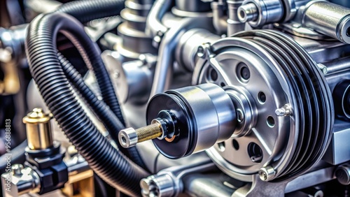 Close-up of a car's power steering pump, showing intricate mechanical components, tubes, and hoses, with a blurred engine background, highlighting automotive engineering details.