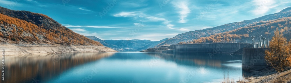 Scenic view of a tranquil lake surrounded by mountains and autumn foliage under a clear blue sky, perfect for nature enthusiasts. Scenic view of a tranquil lake surrounded by mountains and autumn foliage under a clear blue sky, perfect for nature enthusiasts.