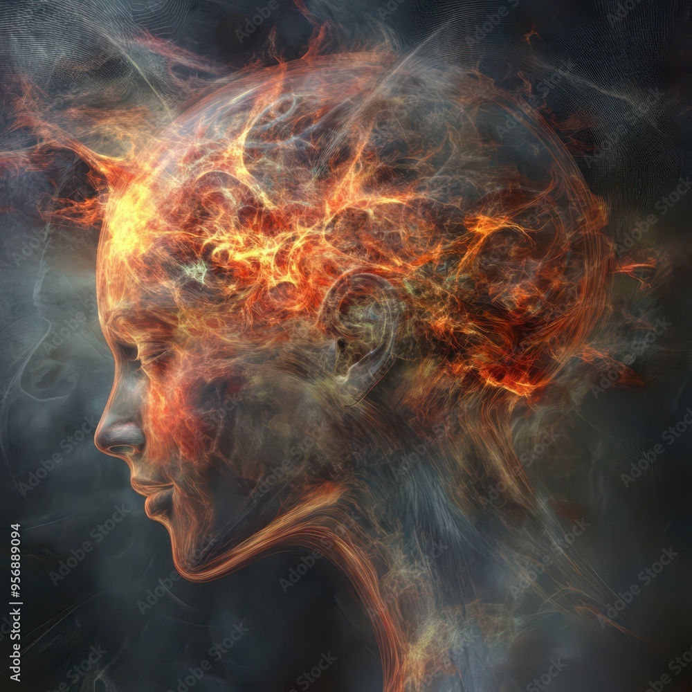 Abstract representation of a woman's profile with fiery elements Abstract representation of a woman's profile with fiery elements