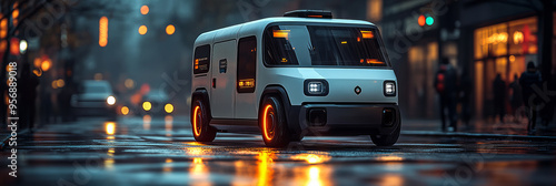 Modern electric van on wet urban street, neon lights reflection, futuristic design and city nightlife.