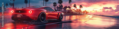 Red Sports Car Driving Beside Palm Trees at Sunset, Sleek Design, Vibrant Colors, Coastal Road, Dynamic Motion, Energetic Vibe, Reflective Wet Surface