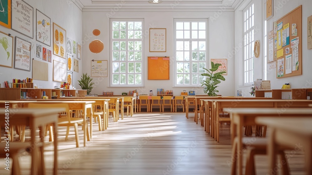 Empty Classroom with Wooden Desks and Chairs Empty Classroom with Wooden Desks and Chairs