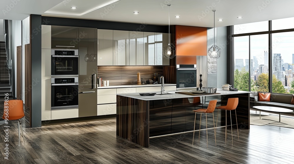 Modern Kitchen with City View and Island Countertop Modern Kitchen with City View and Island Countertop
