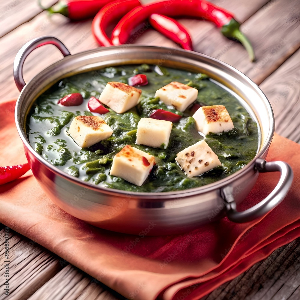 A delicious and inviting 3D illustration of Palak Paneer. a popular Indian dish featuring creamy paneer cheese in a rich spinach gravy. A delicious and inviting 3D illustration of Palak Paneer. a popular Indian dish featuring creamy paneer cheese in a rich spinach gravy.