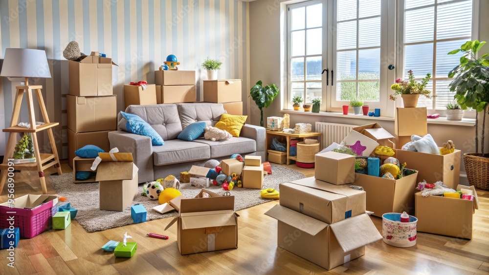 Cluttered living room with stacks of cardboard boxes, tape, and packing paper, amidst toys and household items, conveying chaos and transition. Cluttered living room with stacks of cardboard boxes, tape, and packing paper, amidst toys and household items, conveying chaos and transition.