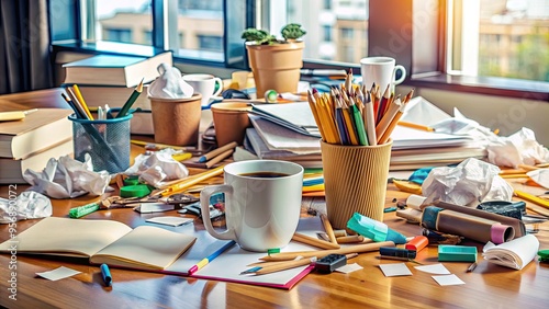 Cluttered desk overflowing with scraps of paper, empty coffee cups, and broken pencils, symbolizing chaos, disorganization, and creative struggle in a modern workspace setting. photo