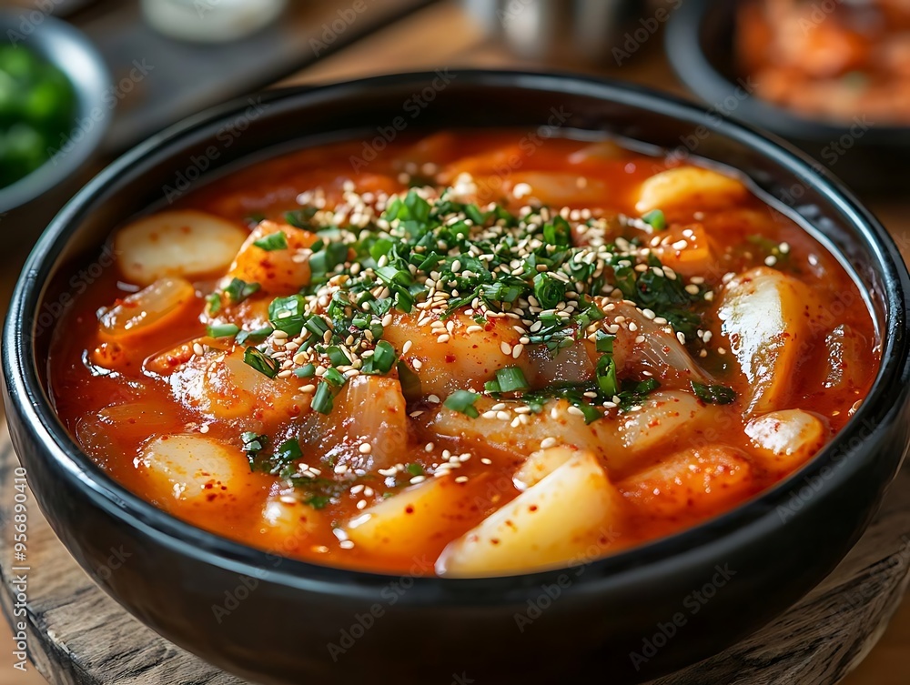 Korean Spicy Rice Cake Stew (Tteokbokki) with Sesame Seeds and Green Onions - Food Photography Korean Spicy Rice Cake Stew (Tteokbokki) with Sesame Seeds and Green Onions - Food Photography