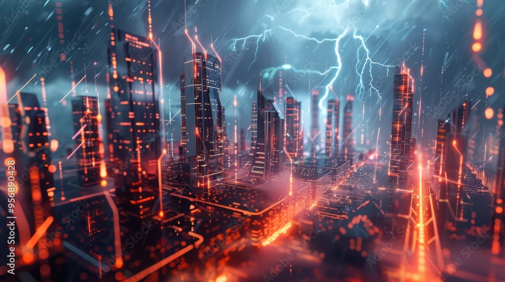 Fototapeta premium A futuristic cityscape illuminated by neon lights, showcasing a stormy atmosphere with rain and lightning overhead.
