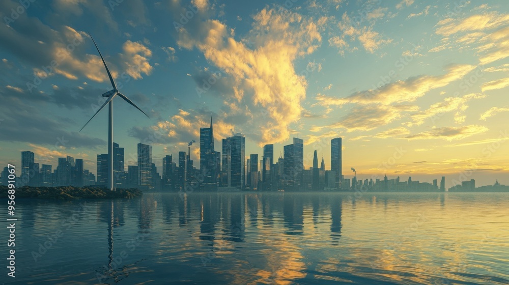 Stunning city skyline at sunset with wind turbine and reflective water, showcasing modern architecture and natural beauty. Stunning city skyline at sunset with wind turbine and reflective water, showcasing modern architecture and natural beauty.