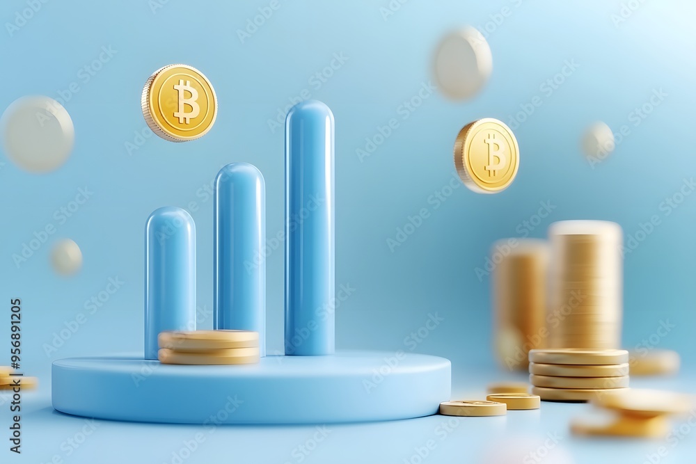 3D icon of a blue bar chart and coins, against a blue background, in a ...