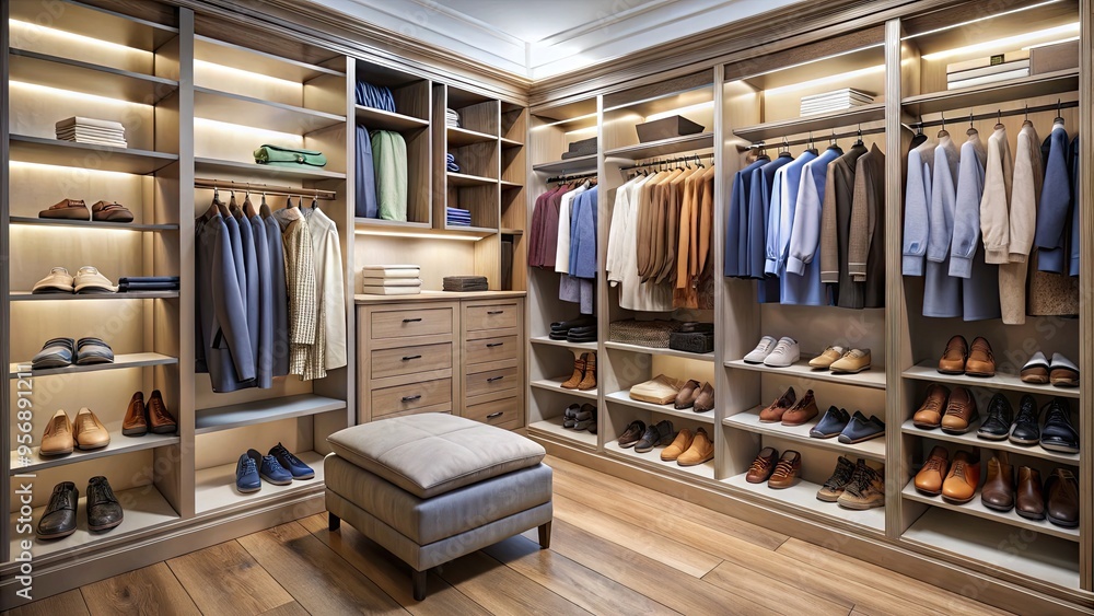 Organized walk-in closet with rows of neatly arranged clothing, shelves stacked with folded garments, and a floor-to-ceiling shoe rack for stylish storage. Organized walk-in closet with rows of neatly arranged clothing, shelves stacked with folded garments, and a floor-to-ceiling shoe rack for stylish storage.