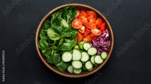 Fresh, organic salad with cucumber, tomato, lettuce, and onion on a white plate