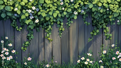 Wooden Fence with Green Vines and Flowers.